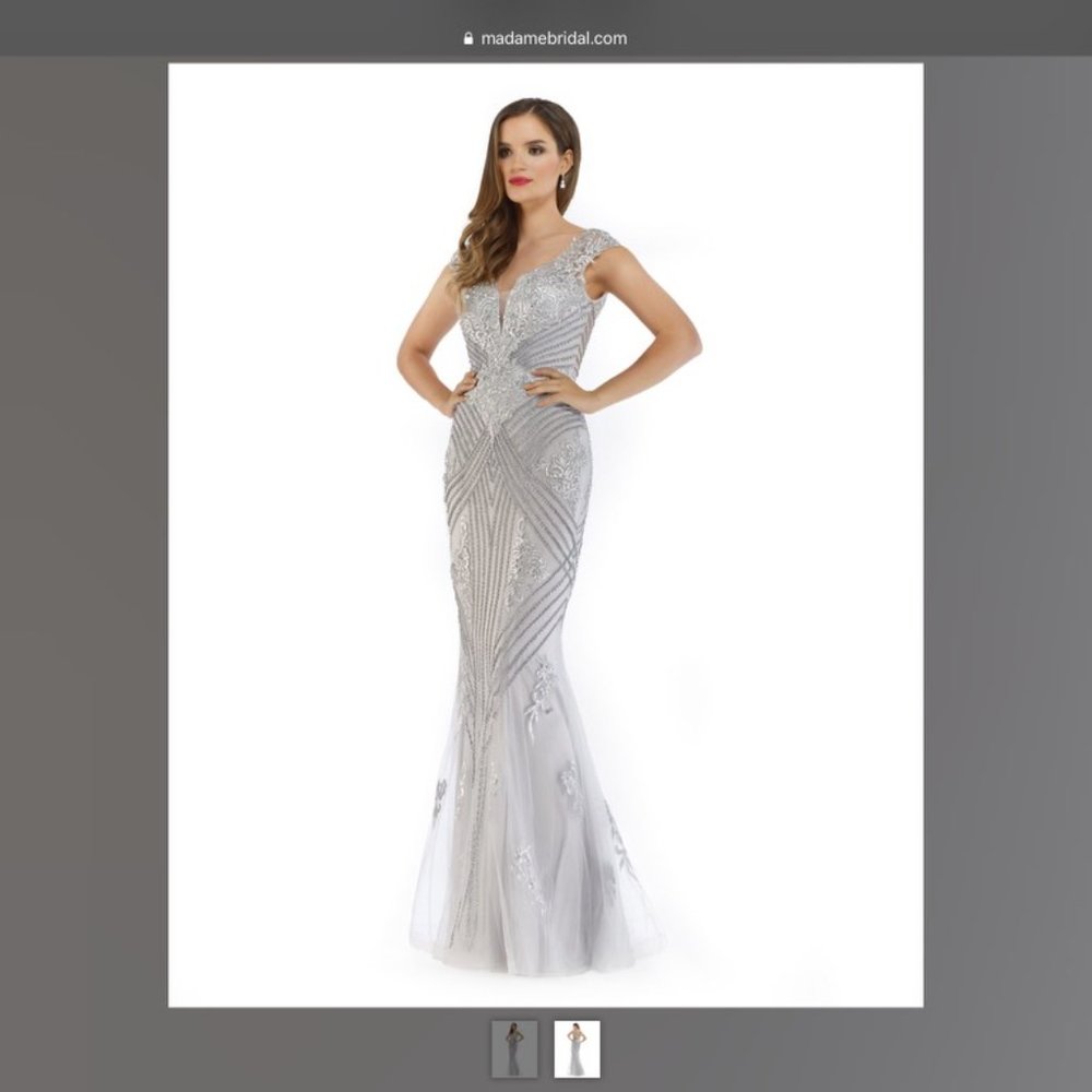 Silver Beaded and Sequined Designer Evening Gown, Size 10, Morrell Maxie, NWT